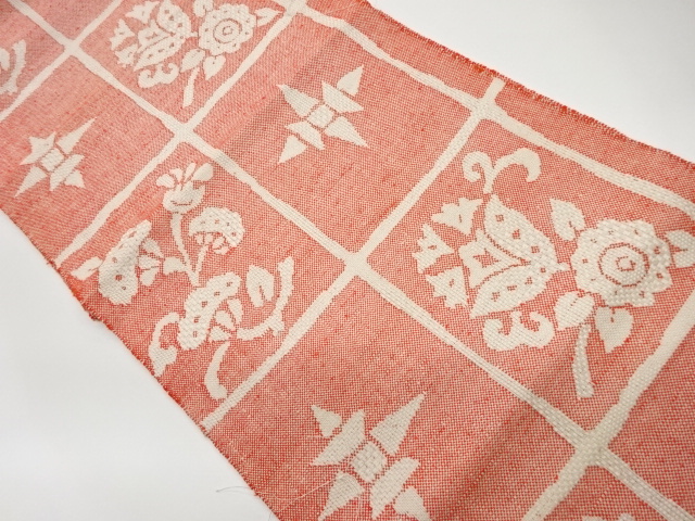 リサイクル　手織り真綿紬格子に草花・抽象模様織出し名古屋帯